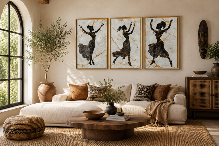 Three-piece framed canvas art featuring black silhouettes of African dancers with gold accents.