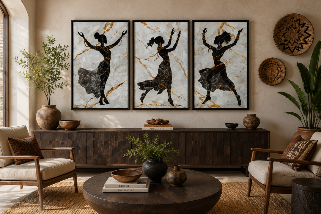 Three-piece framed canvas set of African women dancing silhouettes on marble with gold accents.