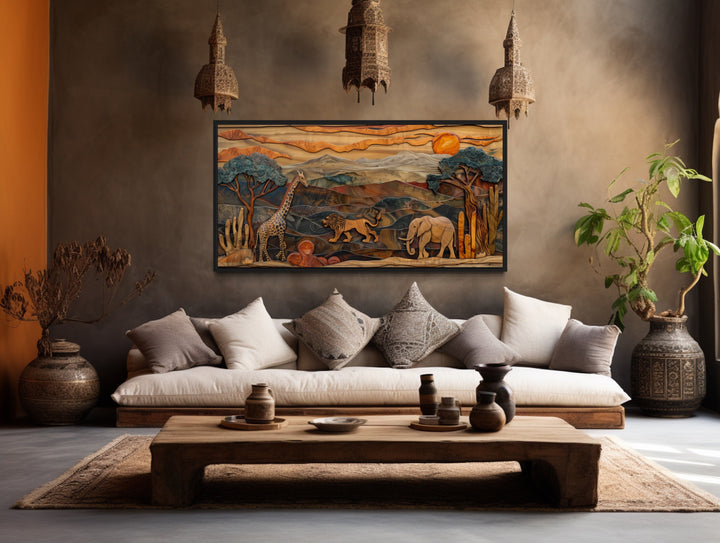 African Wildlife In Savanna Framed Canvas Wall Art