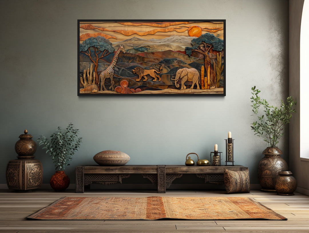 African Wildlife In Savanna Framed Canvas Wall Art