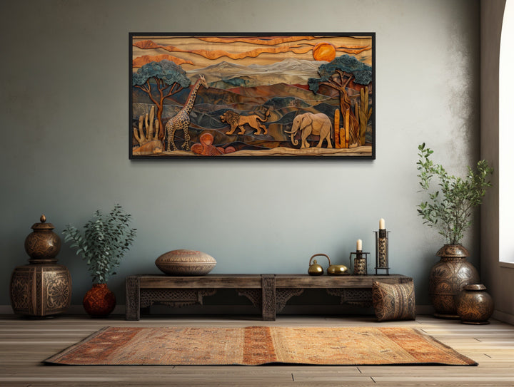 African Wildlife In Savanna Framed Canvas Wall Art