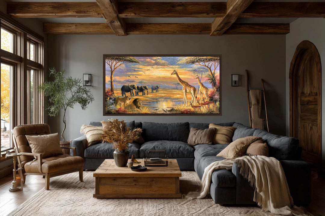 African Wildlife Safari Canvas Wall Art featuring elephants and giraffes in a sunset landscape.