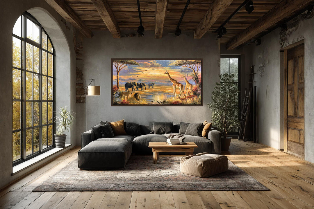 African wildlife safari canvas wall art featuring elephants and giraffes in a sunset landscape.
