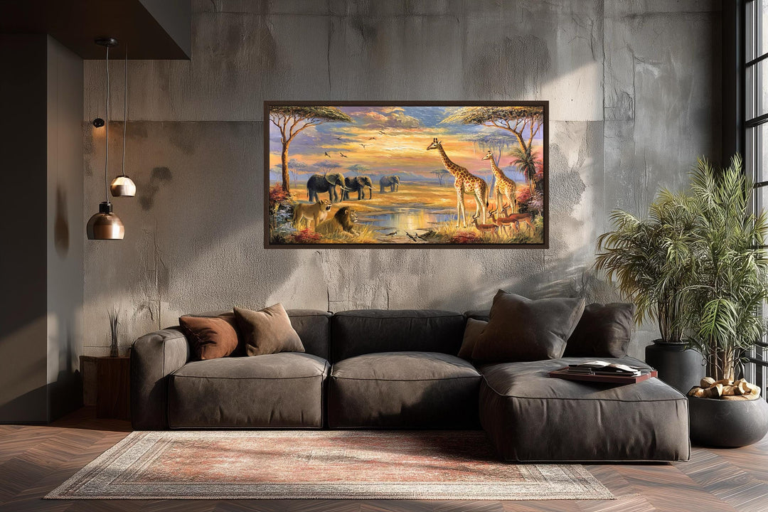 African wildlife safari canvas wall art featuring giraffes and elephants at sunset.