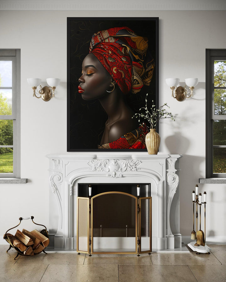 African Woman In Red Headwrap Portrait – Vertical Canvas Wall Art