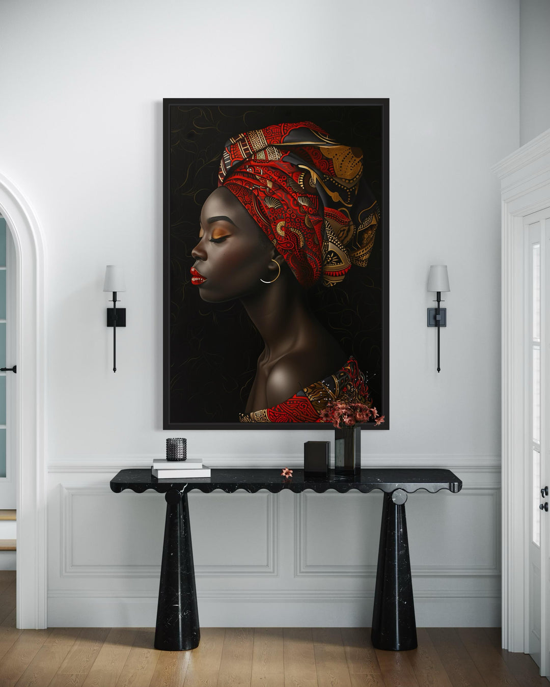 African Woman In Red Headwrap Portrait – Vertical Canvas Wall Art