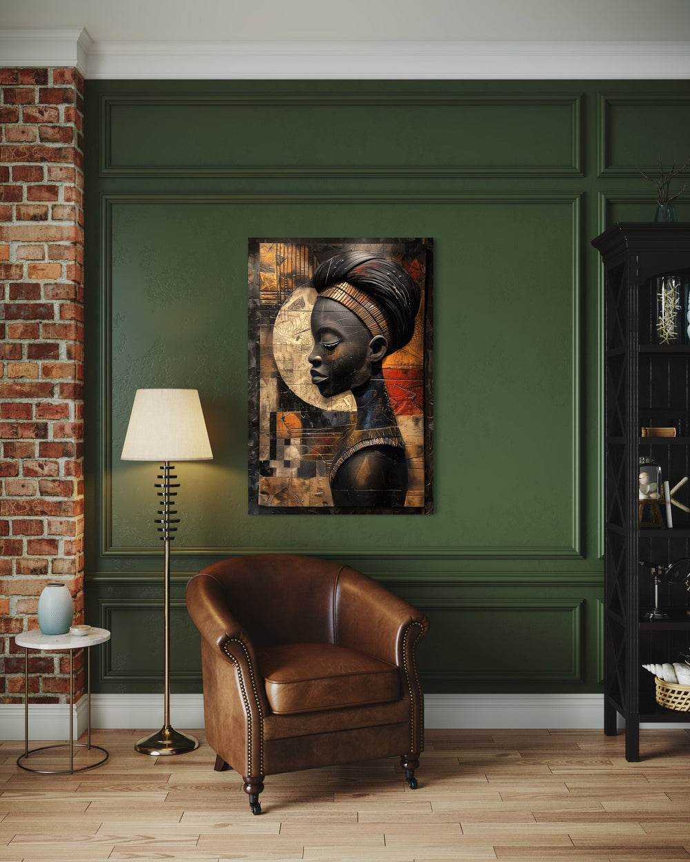 African Woman In Turban Modern Abstract Canvas Wall Art in green room