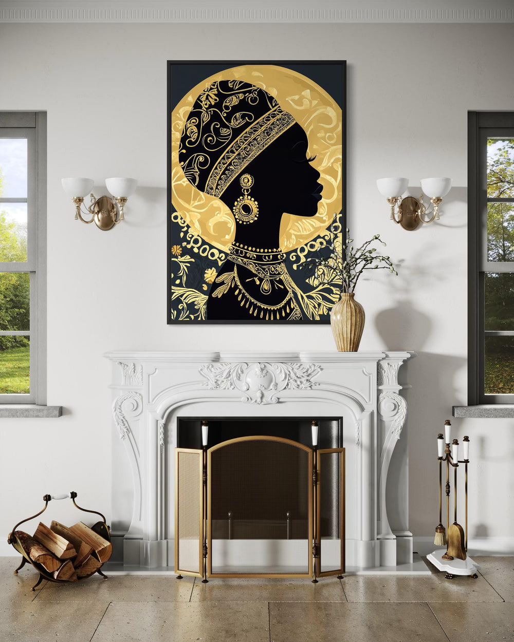 A black and gold canvas print of an African woman in profile above a white ornate fireplace.