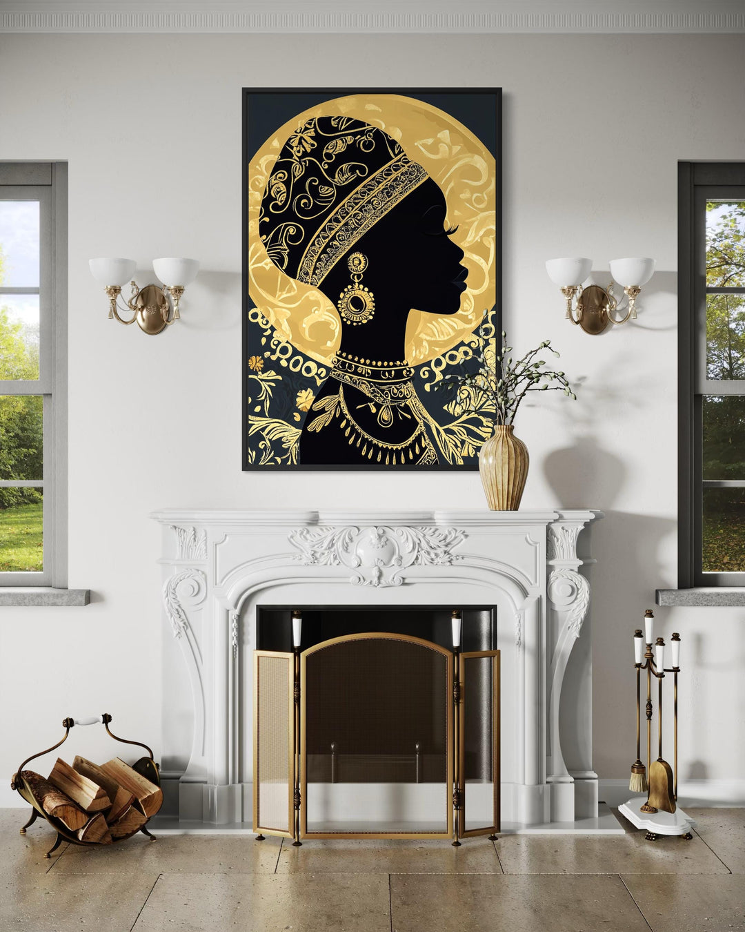 A black and gold canvas print of an African woman in profile above a white ornate fireplace.
