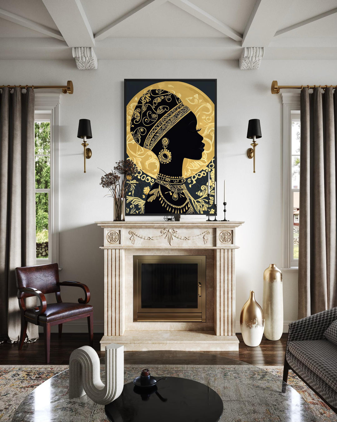 African woman silhouette wall art in black and gold, styled above a classic fireplace mantel.