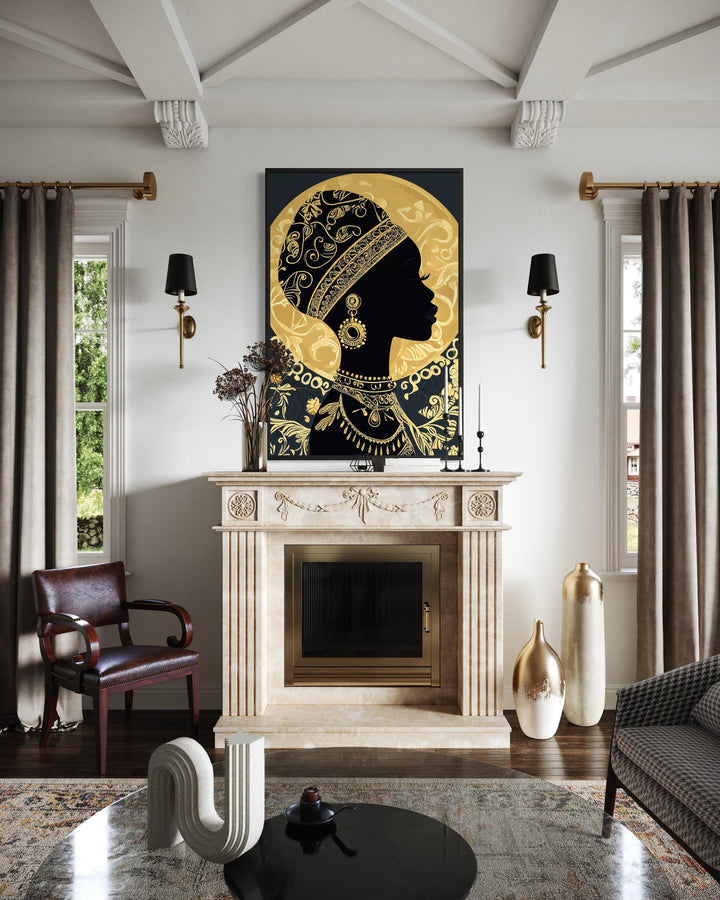 African woman silhouette wall art in black and gold, styled above a classic fireplace mantel.