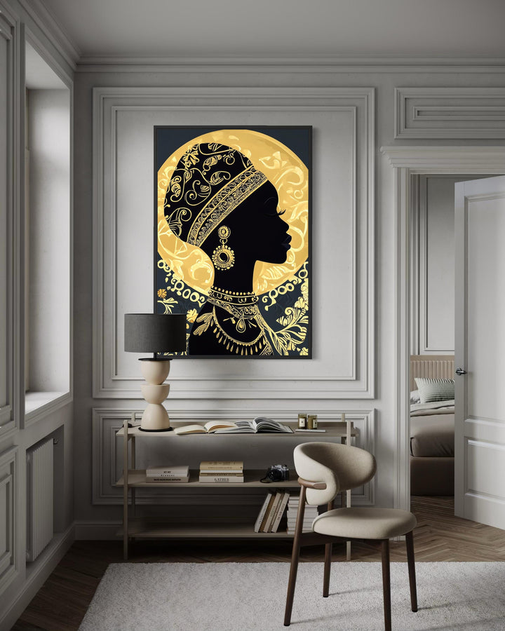 Elegant black and gold African woman portrait canvas print in a modern, neutral-toned room.