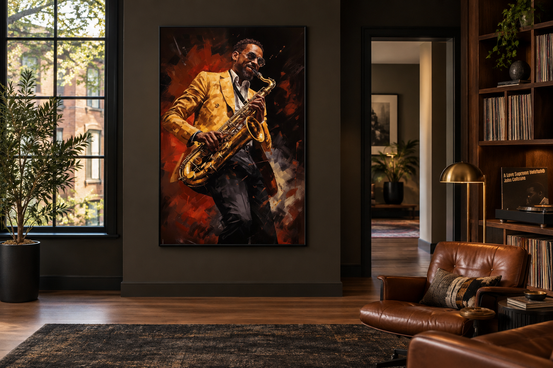 Framed canvas wall art of an African American saxophone player in a yellow jacket playing jazz.