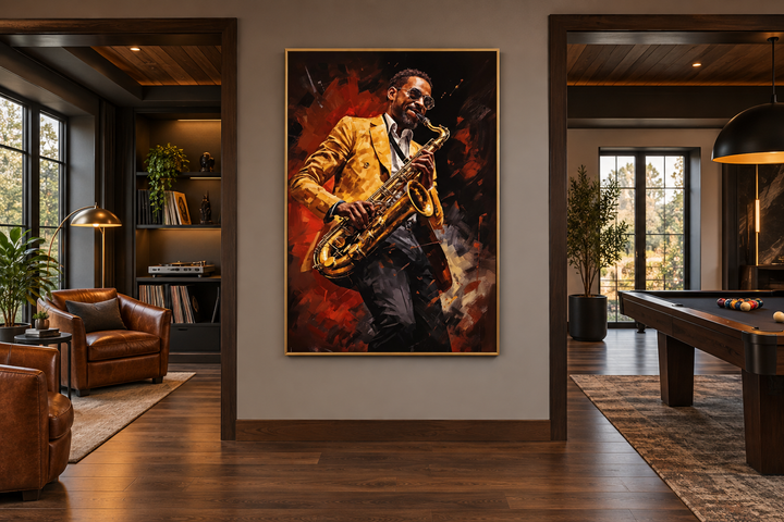 Framed canvas wall art of an African American saxophone player in a yellow jacket playing jazz.