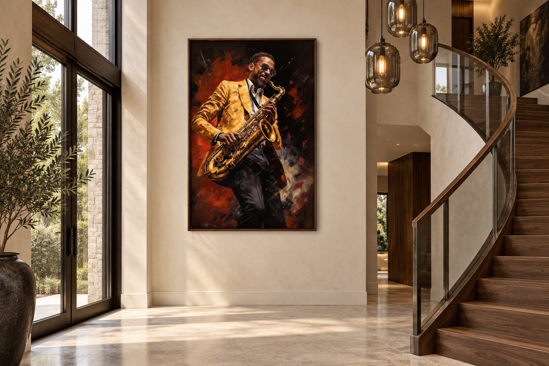African American saxophone player jazz music framed canvas wall art in a modern home interior.