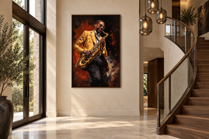 African American saxophone player jazz music framed canvas wall art in a modern home interior.