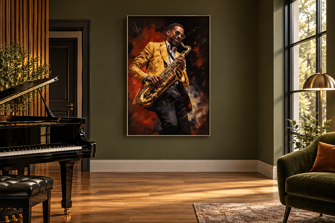 Framed canvas wall art of an African American saxophone player in a yellow jacket in a music room.