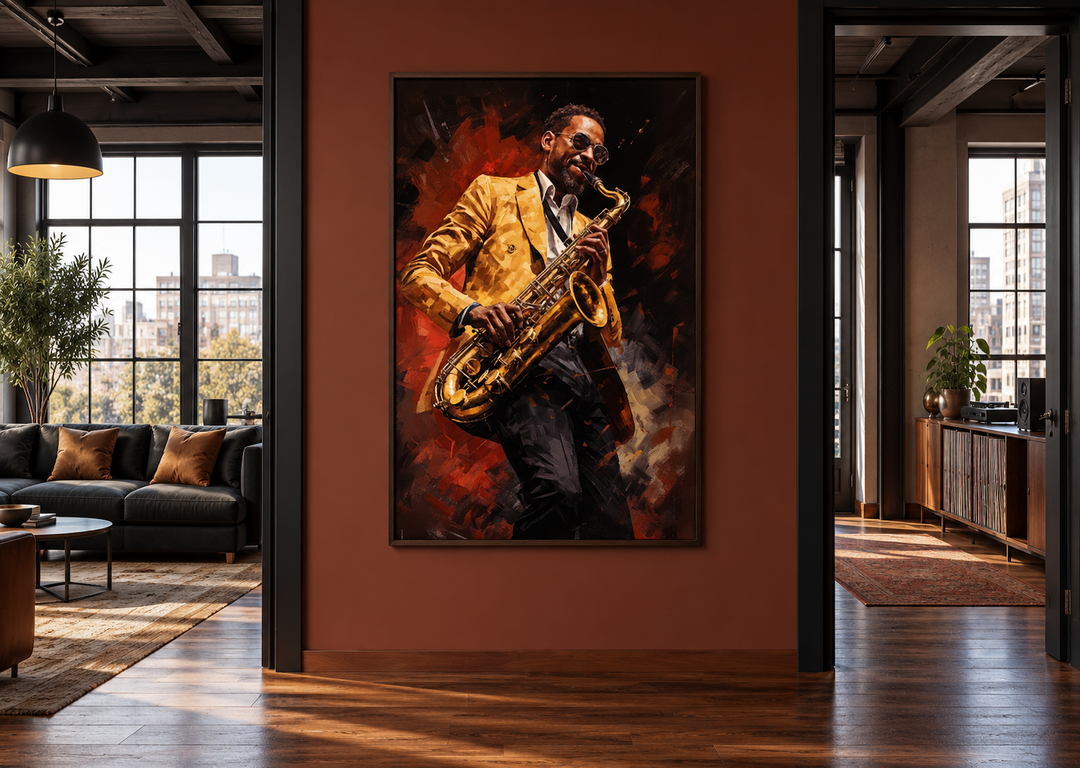 Framed canvas art of an African American saxophone player in a yellow jacket on a terracotta wall.