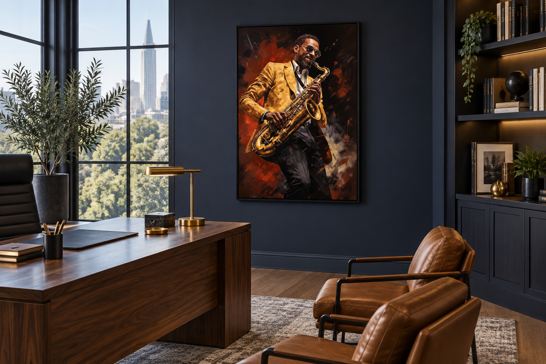 Framed canvas wall art of an African American saxophone player in a yellow jacket in a modern office.