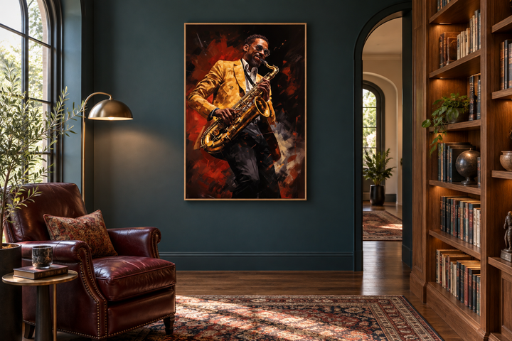 Framed canvas art of an African American man playing a saxophone in a yellow jacket on a dark wall.