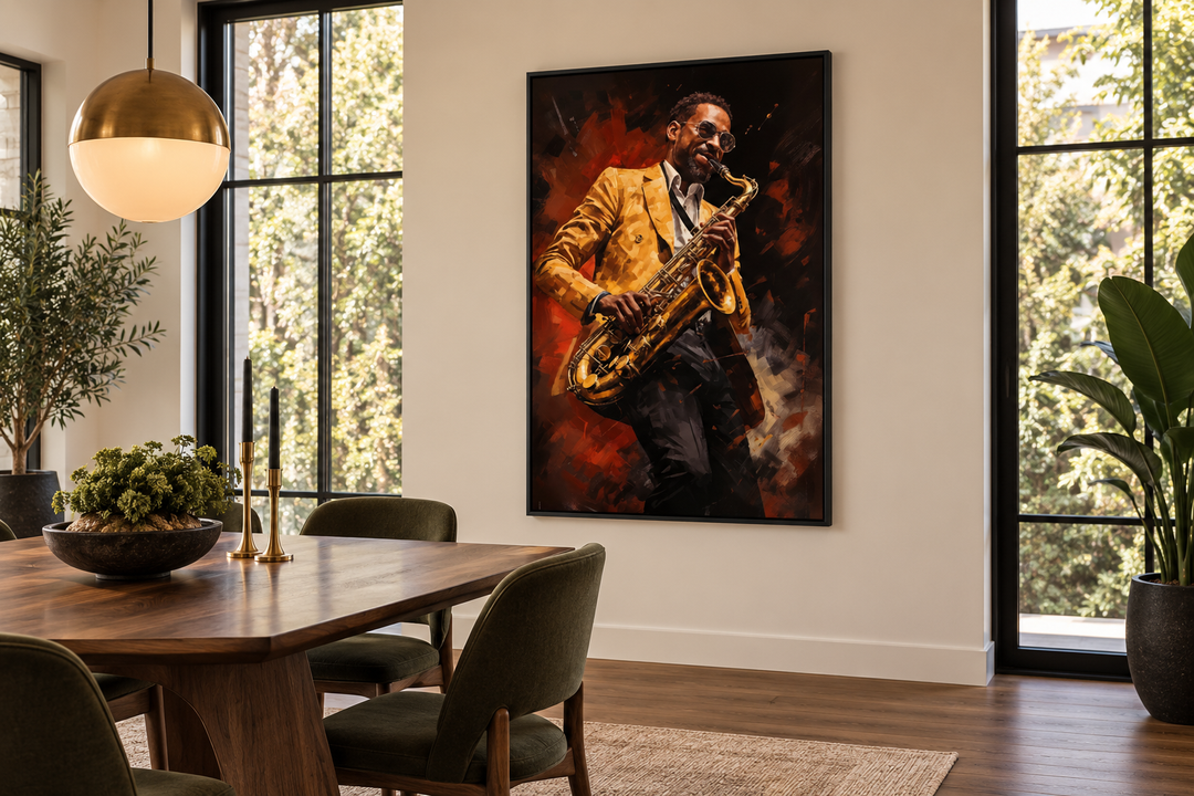 Framed canvas wall art of an African American saxophone player in a yellow jacket in a dining room.
