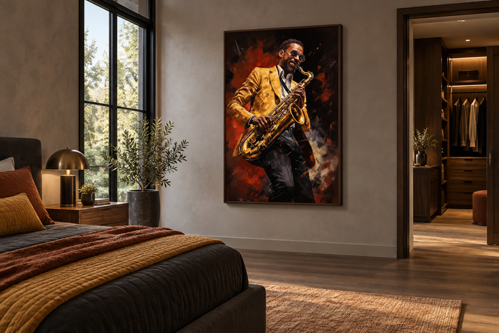 Framed canvas wall art of an African American man in a yellow jacket playing a saxophone.