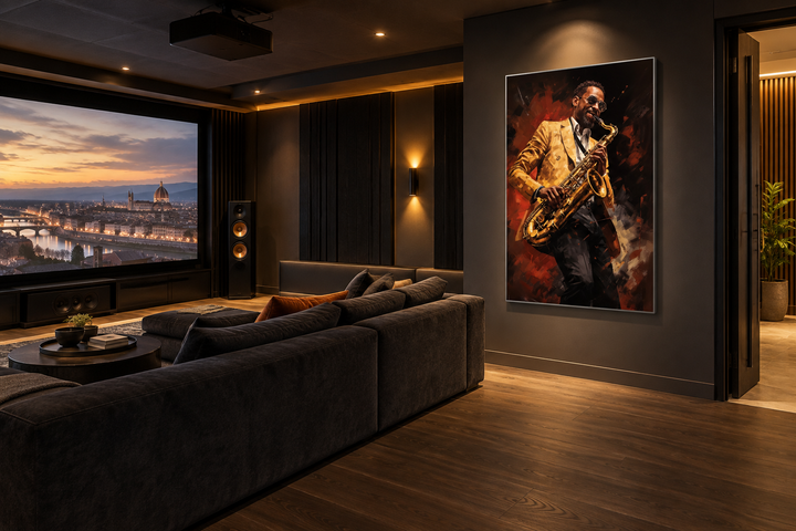 Framed canvas wall art of an African American saxophone player in a modern home theater setting.