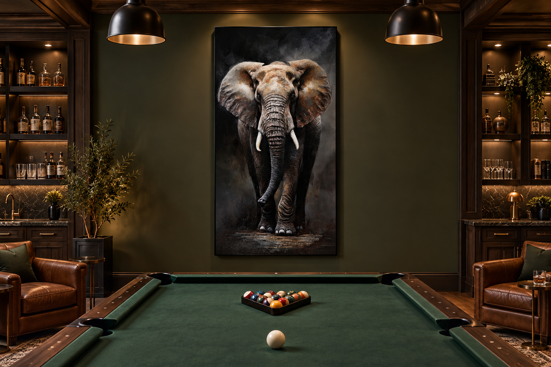 Long vertical framed canvas wall art of a majestic African elephant in a dark, moody game room.