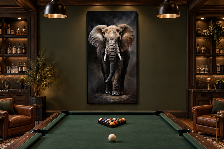 Long vertical framed canvas wall art of a majestic African elephant in a dark, moody game room.