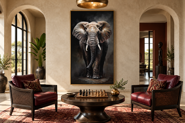 Long vertical framed canvas wall art featuring a detailed African elephant in a modern living room.