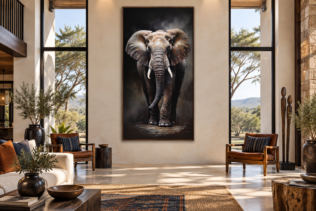 Long vertical framed canvas wall art of a majestic African elephant in a modern living room.