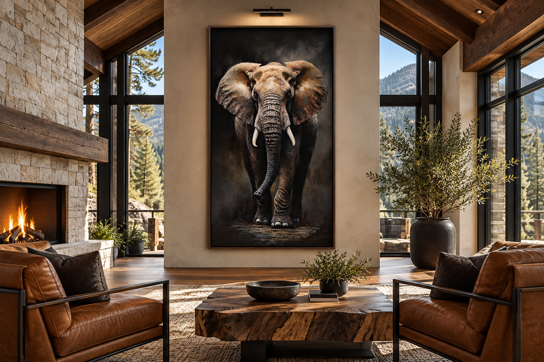 Long vertical framed canvas wall art of an African elephant in a modern living room setting.