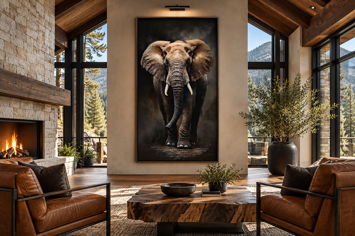 Long vertical framed canvas wall art of an African elephant in a modern living room setting.