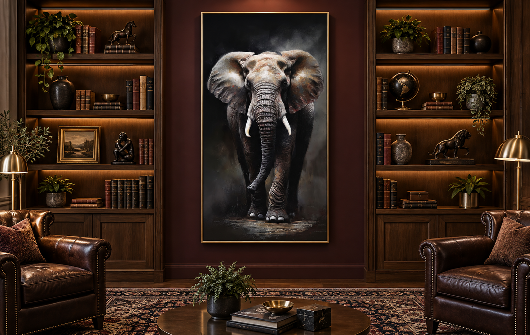 Long vertical framed canvas wall art of a majestic African elephant in a dark, moody library.