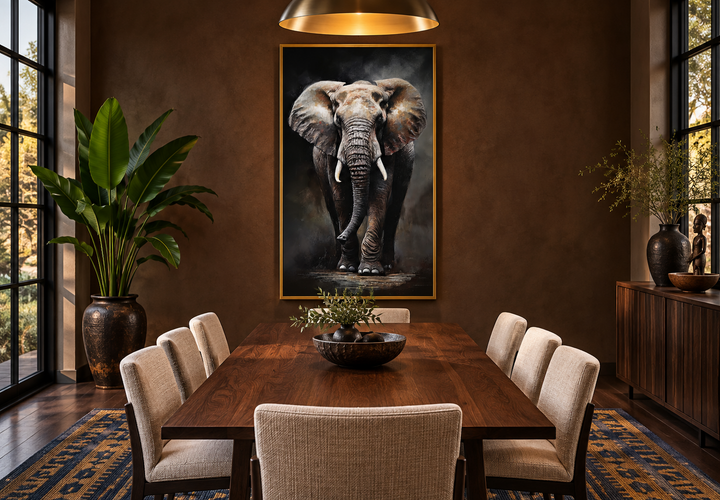 Long vertical framed canvas wall art of a majestic African elephant in a modern dining room.