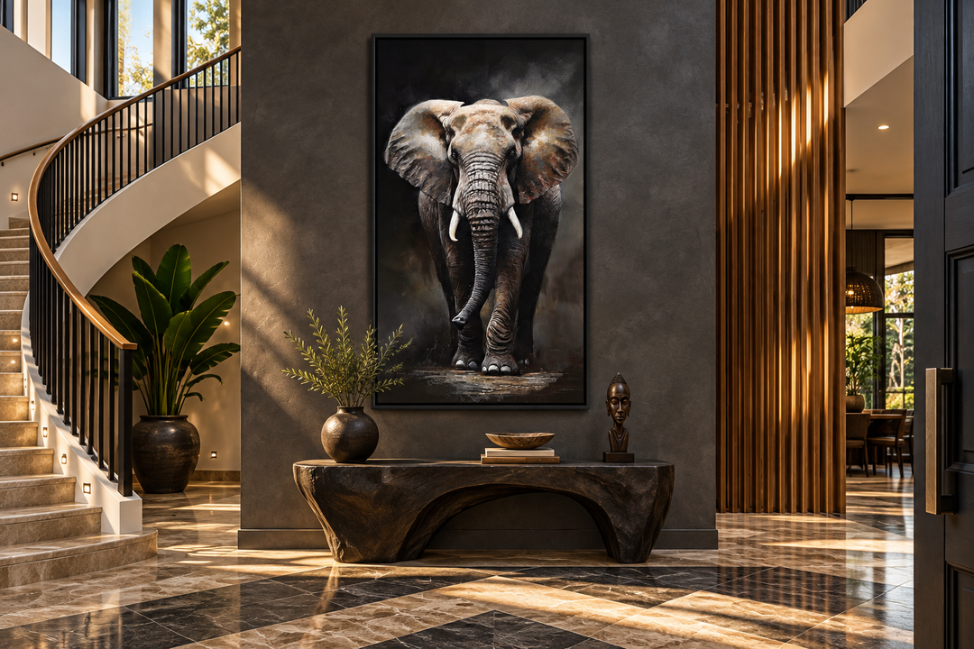 Long vertical framed canvas wall art featuring a detailed African elephant in earthy tones.