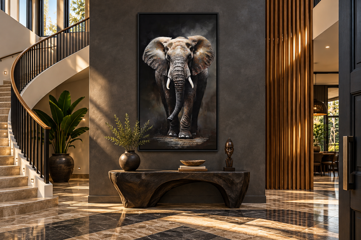Long vertical framed canvas wall art featuring a detailed African elephant in earthy tones.