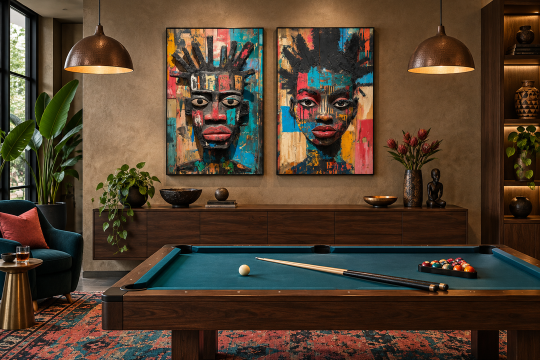 Set of two colorful African mask tribal face canvas prints in a modern living room.