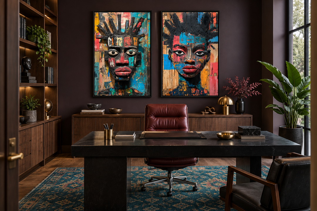 Set of two colorful African mask canvas prints featuring abstract tribal faces in a home office.