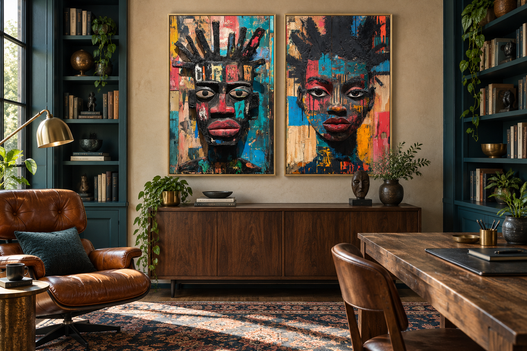 Set of two colorful African mask canvas prints featuring abstract tribal faces in a home office.