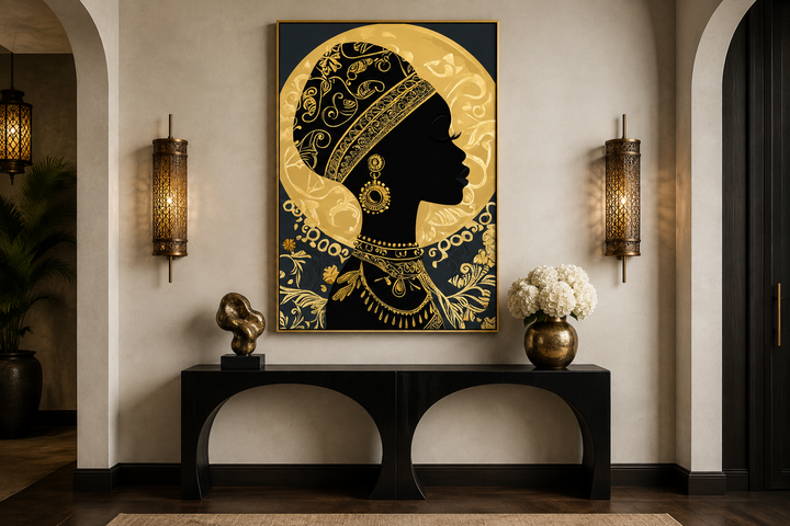 African woman silhouette in gold headwrap canvas print on a wall between two ornate sconces.