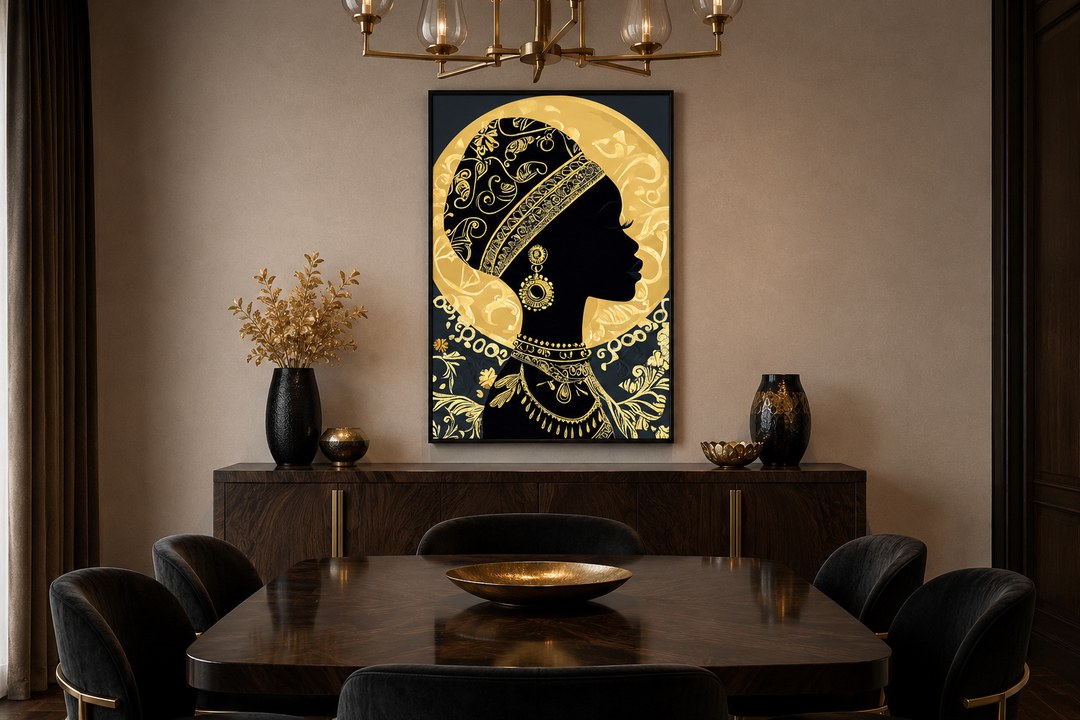 African woman silhouette canvas print with gold headwrap and patterns in a modern dining room.
