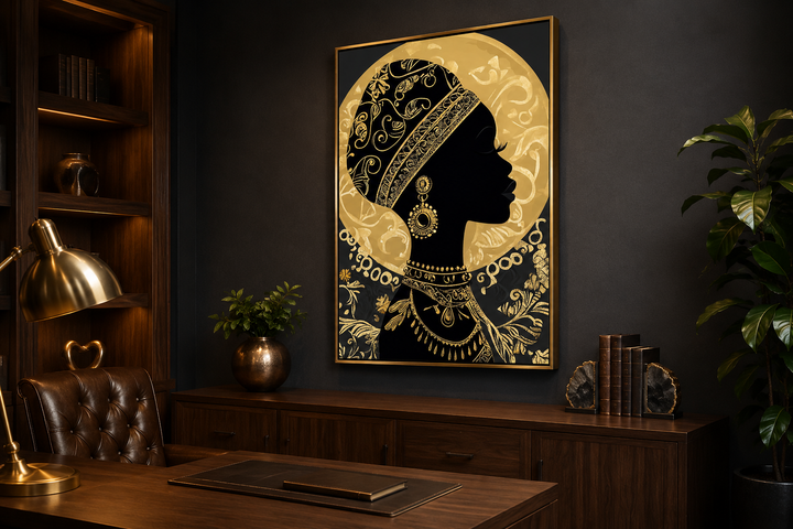 African woman silhouette in a gold headwrap and jewelry on a black and gold patterned canvas print.