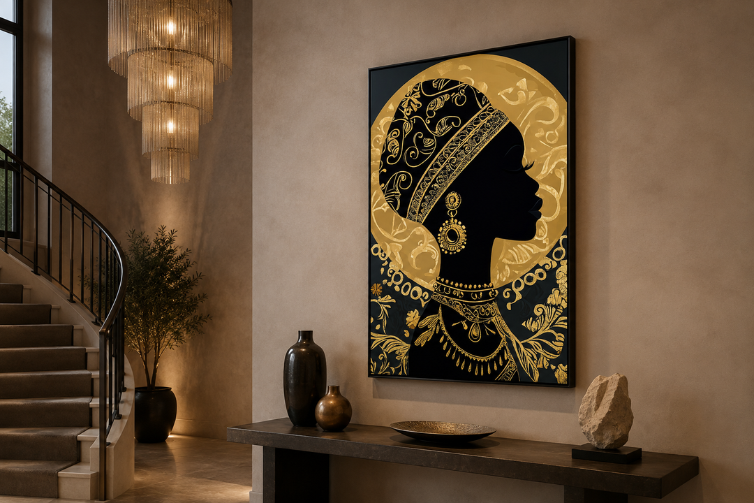 African woman silhouette in gold headwrap on black canvas, hanging in a modern hallway interior.