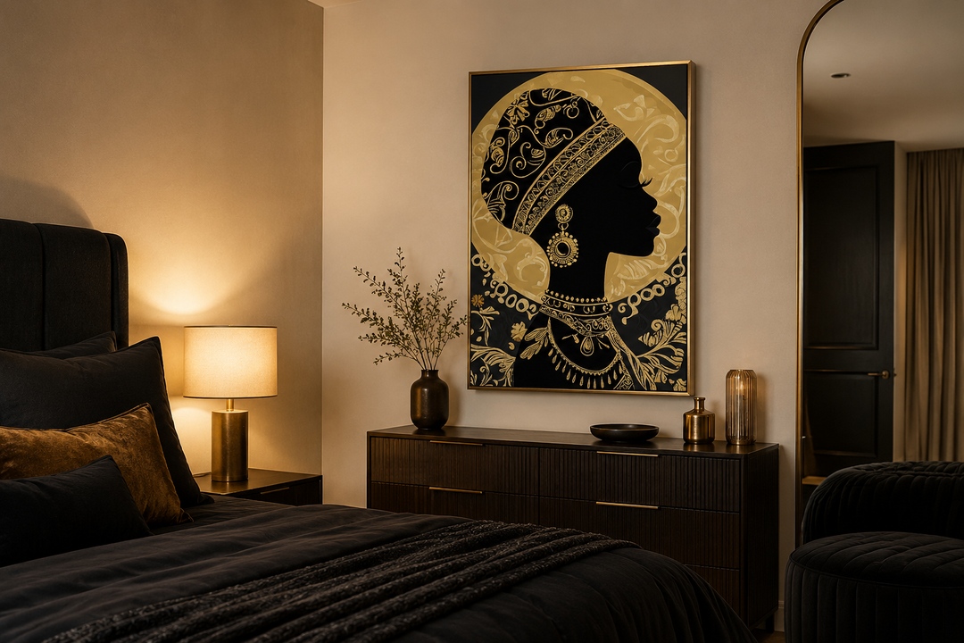 African woman silhouette canvas print with gold headwrap and ornate patterns in a modern bedroom.