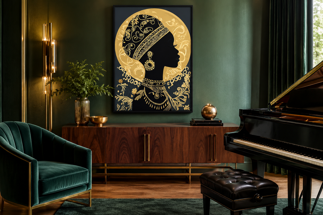 African woman silhouette canvas print in black and gold, framed on a green wall in a stylish room.