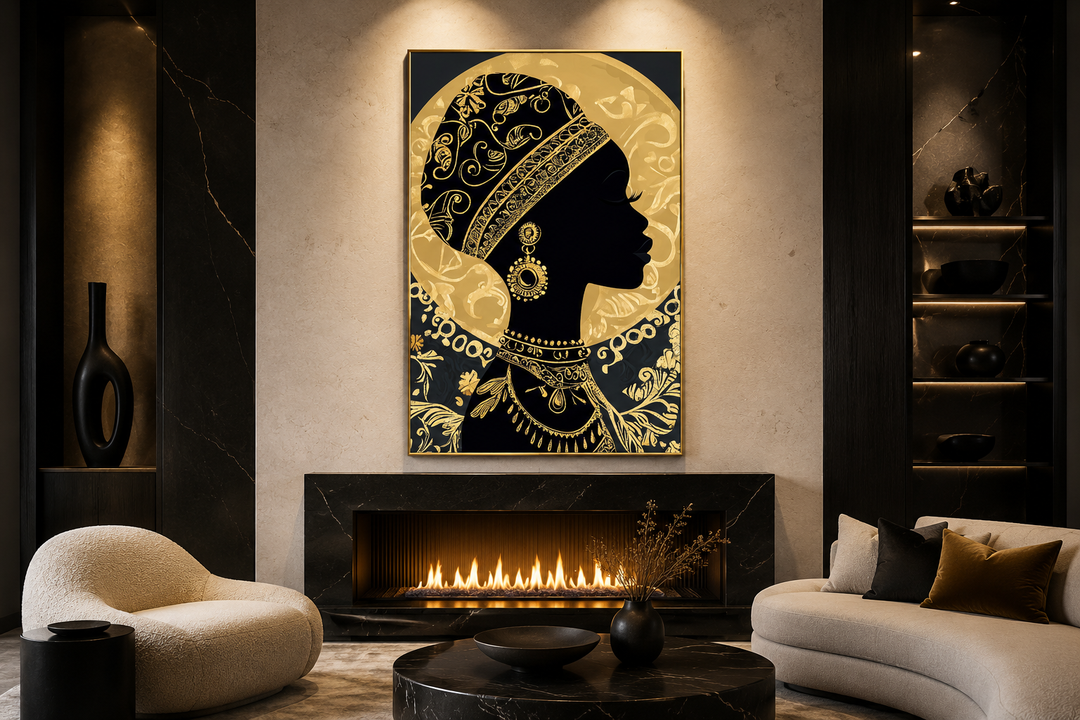 African woman silhouette canvas print with gold headwrap and ornate patterns above a fireplace.
