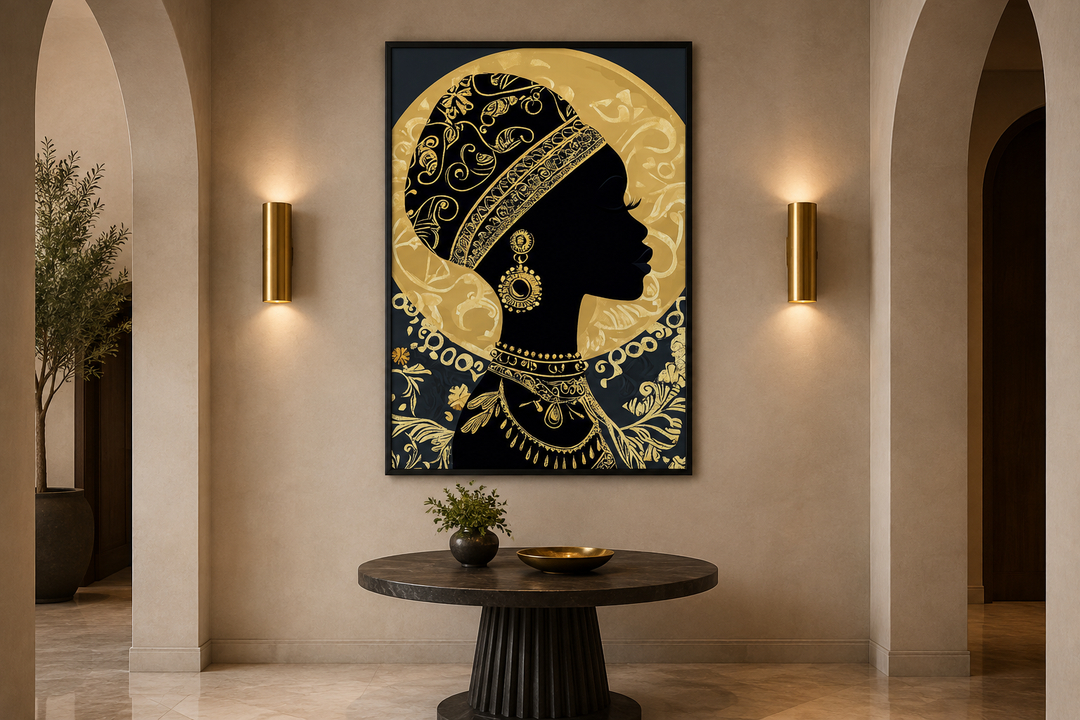 African woman silhouette wall art in black and gold with an ornate headwrap in a modern hallway.
