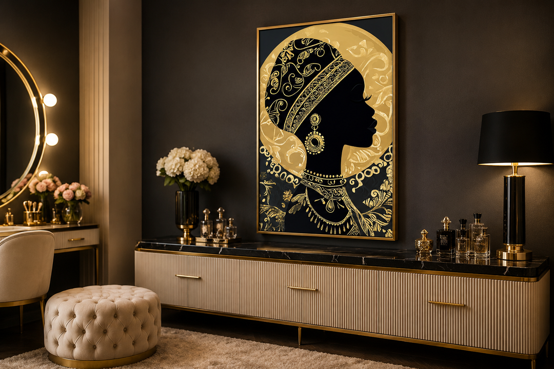 African woman silhouette canvas print in black and gold, styled in a modern glam bedroom interior.