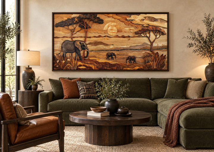 Framed African savanna wall art with elephants and acacia trees in a rustic living room setting.